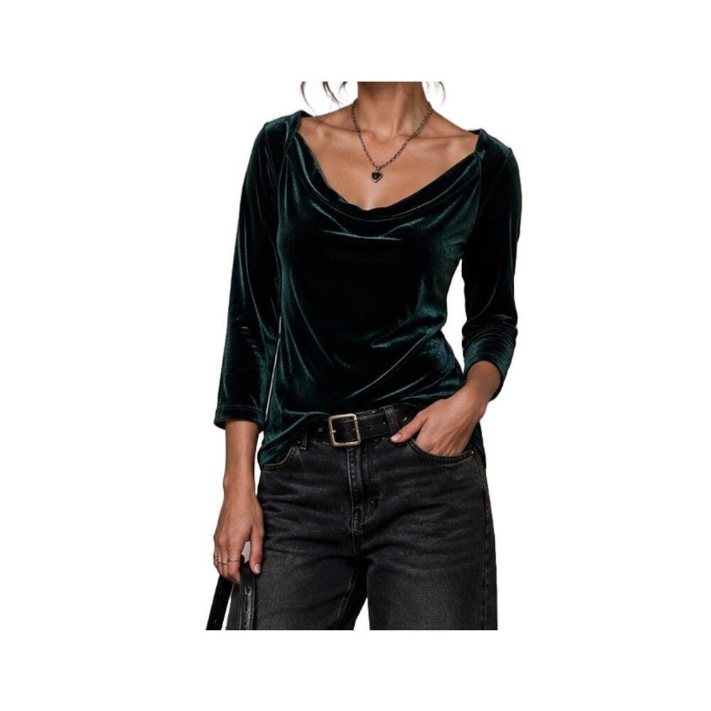 ModCloth Green Velvet Off Shoulder Top M Romantic Retro Soft Indie Pinup Glam